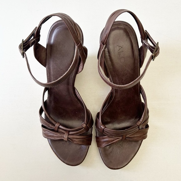 Aldo Brown Leather Wedge Sandals Cork Heel Ankle Strap Size 38 - Picture 4 of 16